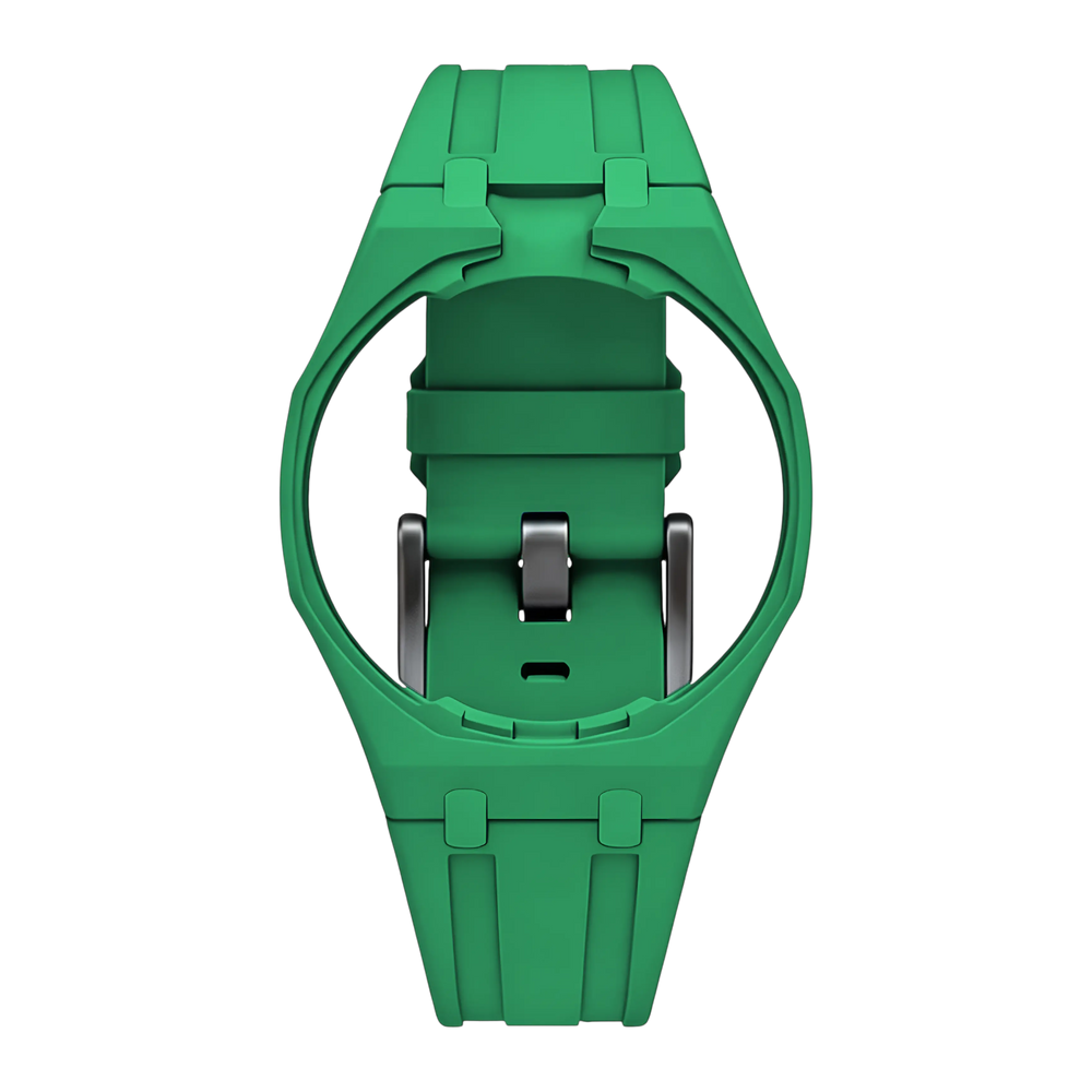 Bracelet Royal Pop vert en caoutchouc FKM monté sur son boîtier intégré, pour l'AP x Swatch Royal Pop, Maison Brassel