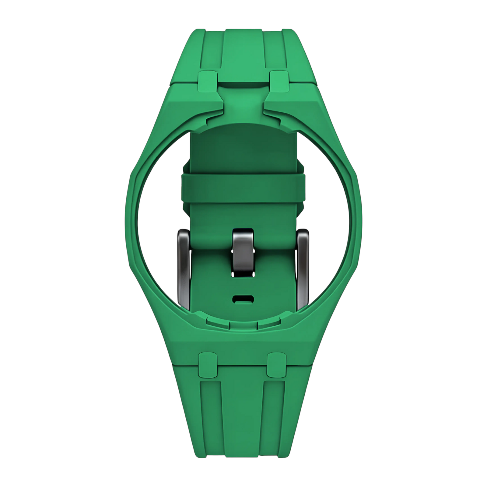 Bracelet Royal Pop vert en caoutchouc FKM monté sur son boîtier intégré, pour l'AP x Swatch Royal Pop, Maison Brassel
