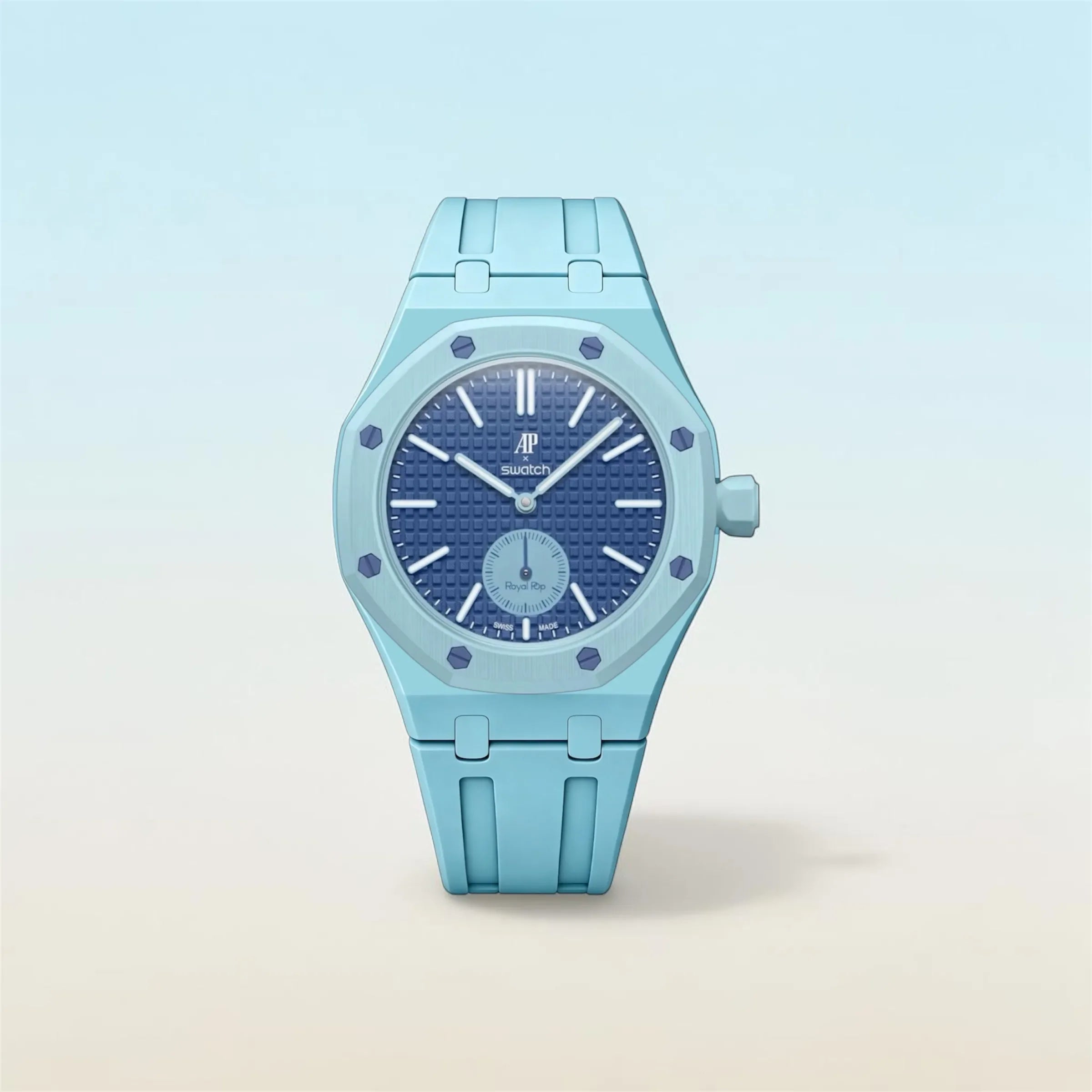 Bracelet Royal Pop Savonnette bleu ciel en caoutchouc FKM à boîtier intégré, sur une montre AP x Swatch Royal Pop à couronne à 3h avec petite seconde à 6h, Maison Brassel