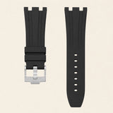 Black FKM rubber strap with integrated end-link and steel ardillon buckle, for Audemars Piguet Royal Oak - Maison Brassel