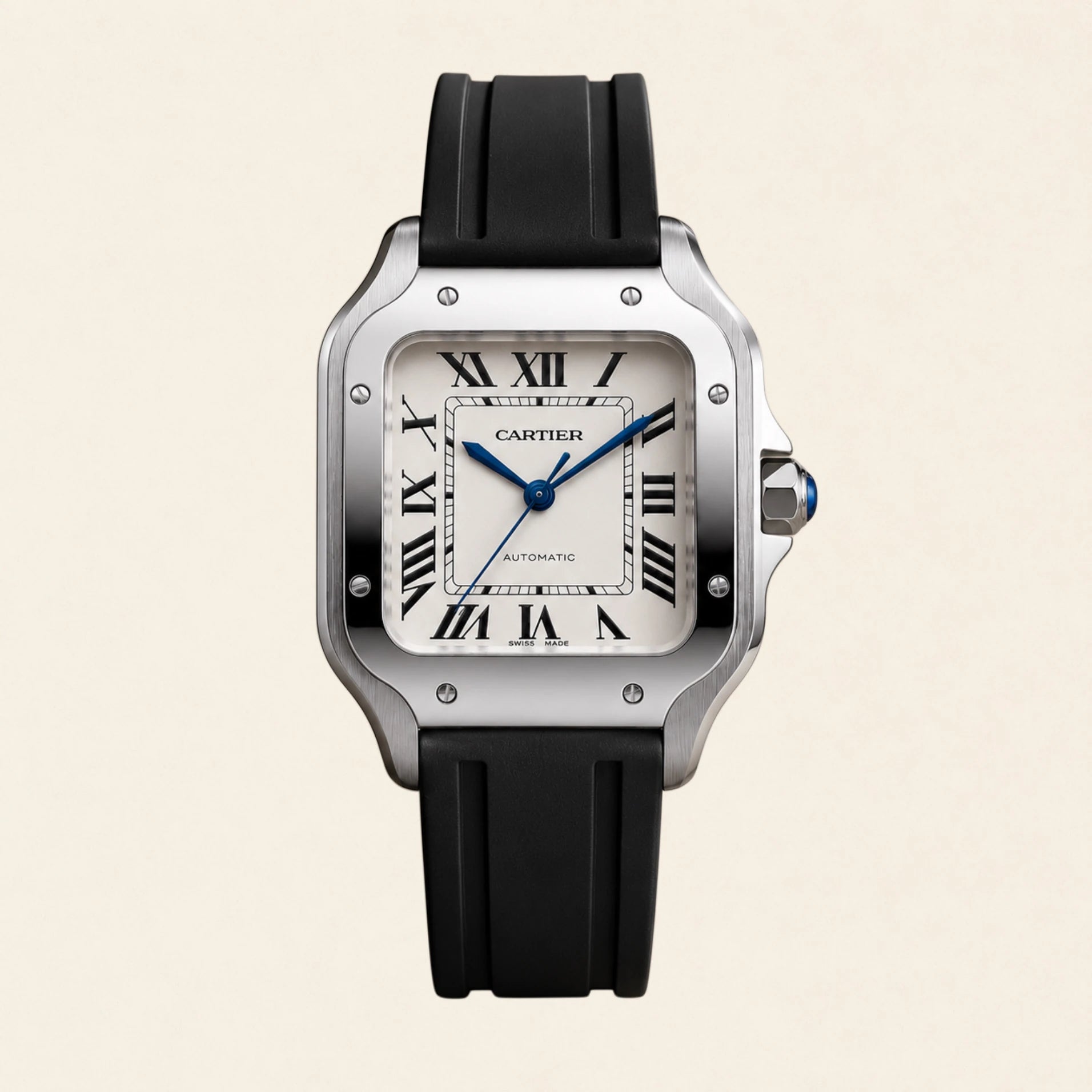 Cartier Santos fitted with a black FKM rubber strap by Maison Brassel
