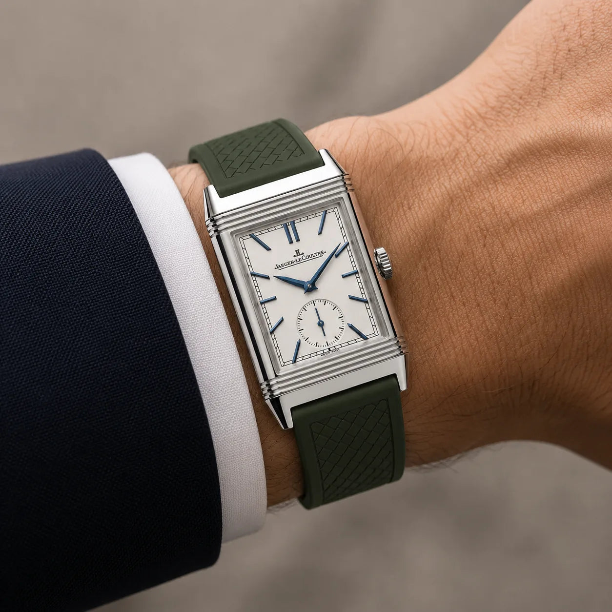 Khaki green FKM rubber strap for Jaeger-LeCoultre Reverso worn on the wrist - Maison Brassel