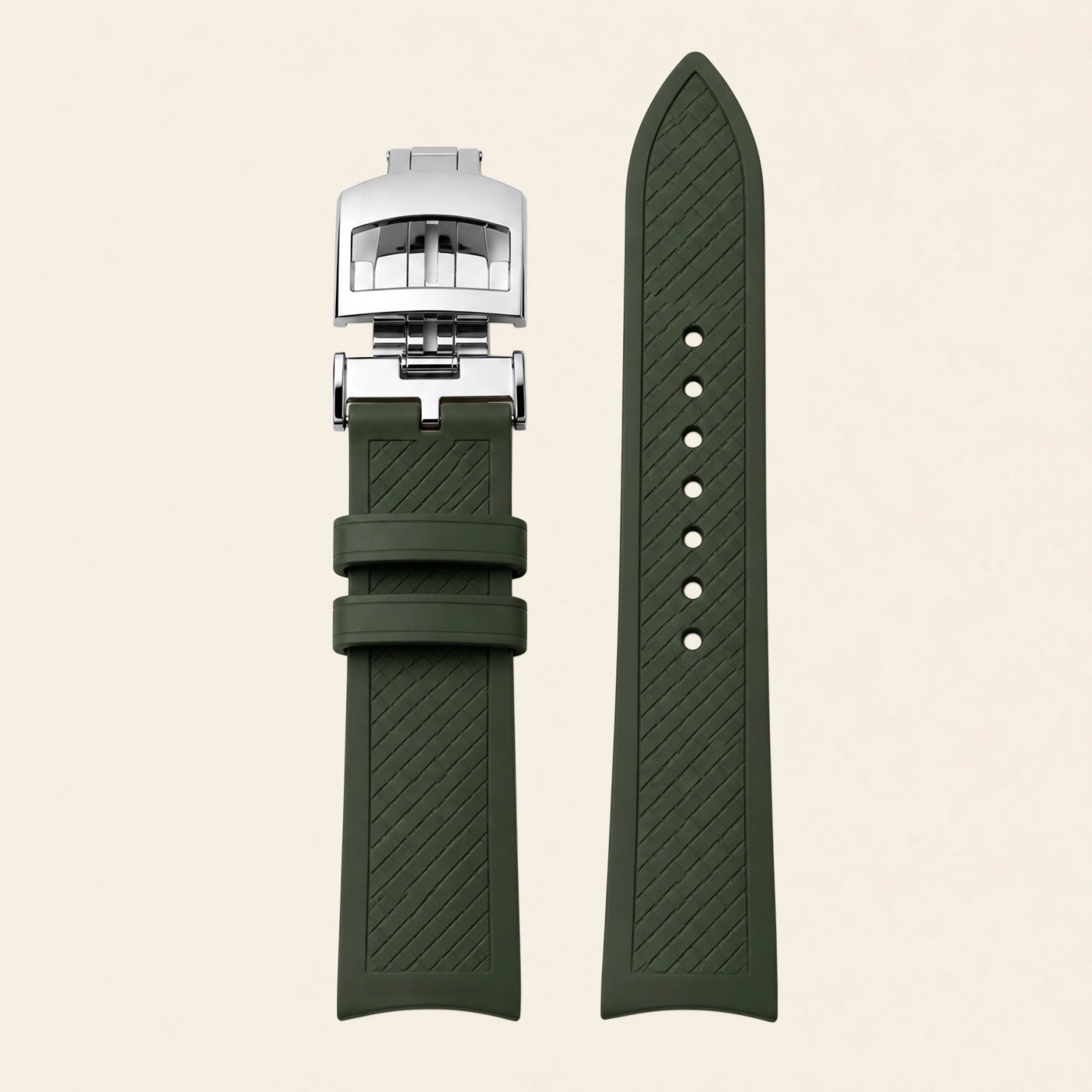 Khaki green FKM rubber strap with woven texture and steel deployant clasp, for Jaeger-LeCoultre Reverso - Maison Brassel