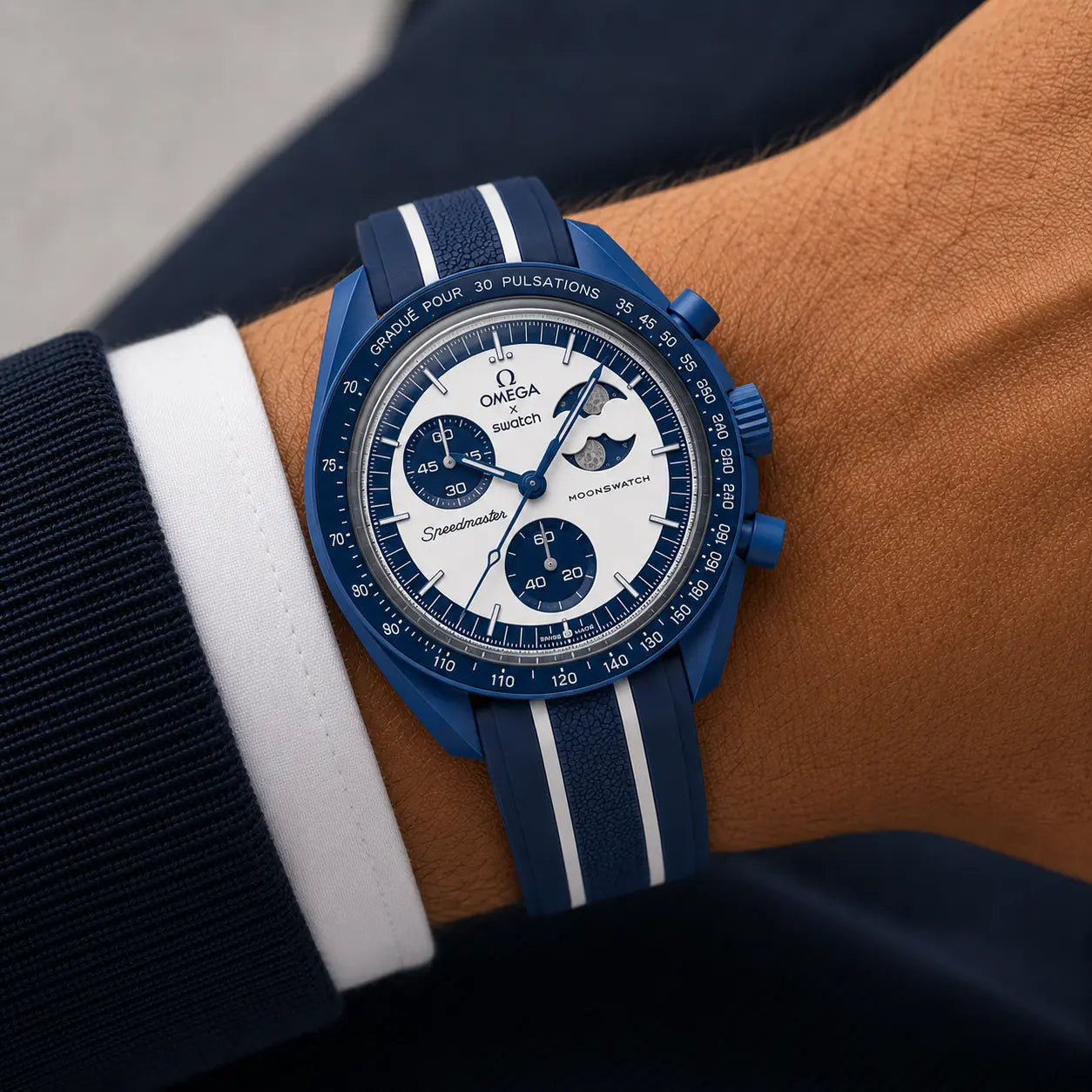 Blue FKM rubber strap for Omega x Swatch MoonSwatch worn on the wrist - Maison Brassel