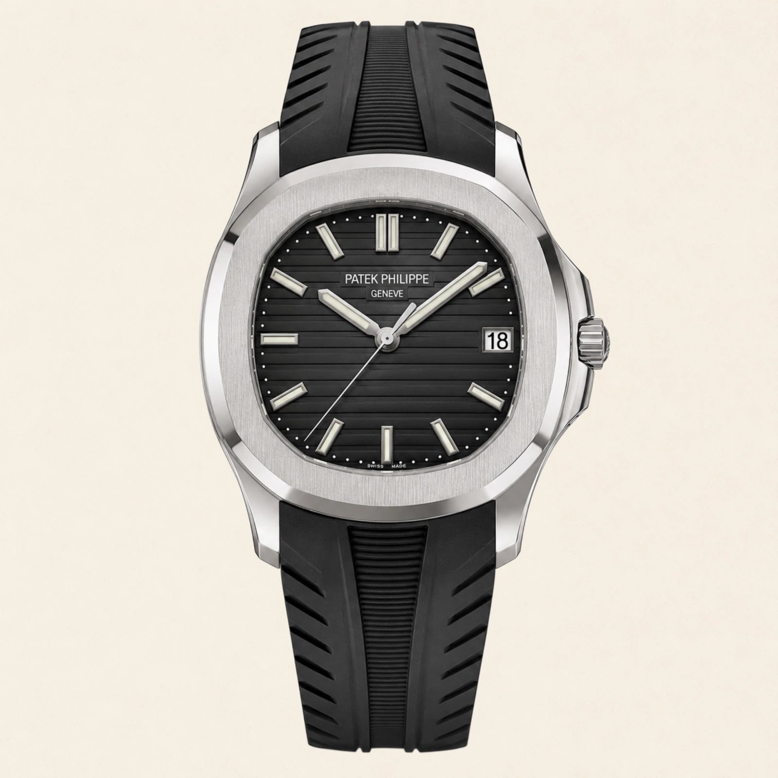 Patek Philippe Nautilus on a black FKM rubber strap by Maison Brassel