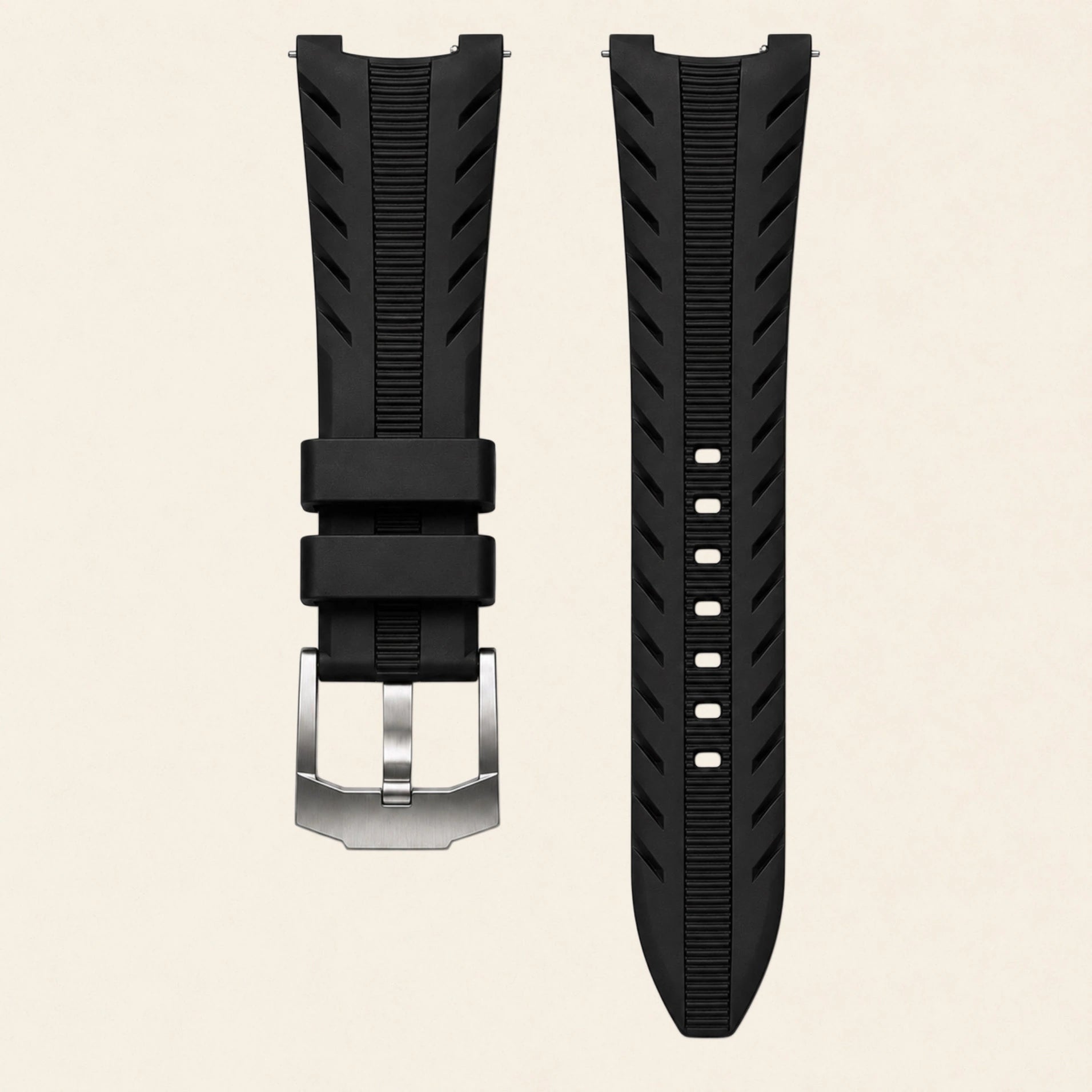 Black FKM rubber strap with tropical tread and integrated end-link, for Patek Philippe Nautilus - Maison Brassel