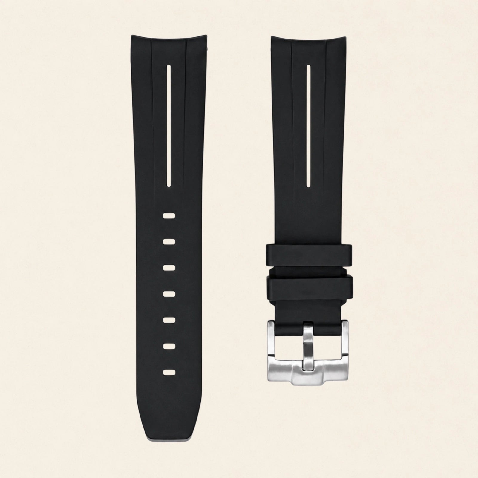 Black FKM rubber strap with curved end-link and steel ardillon buckle, for Rolex Submariner - Maison Brassel