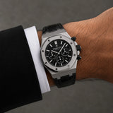 Black leather strap for Audemars Piguet Royal Oak worn on the wrist - Maison Brassel