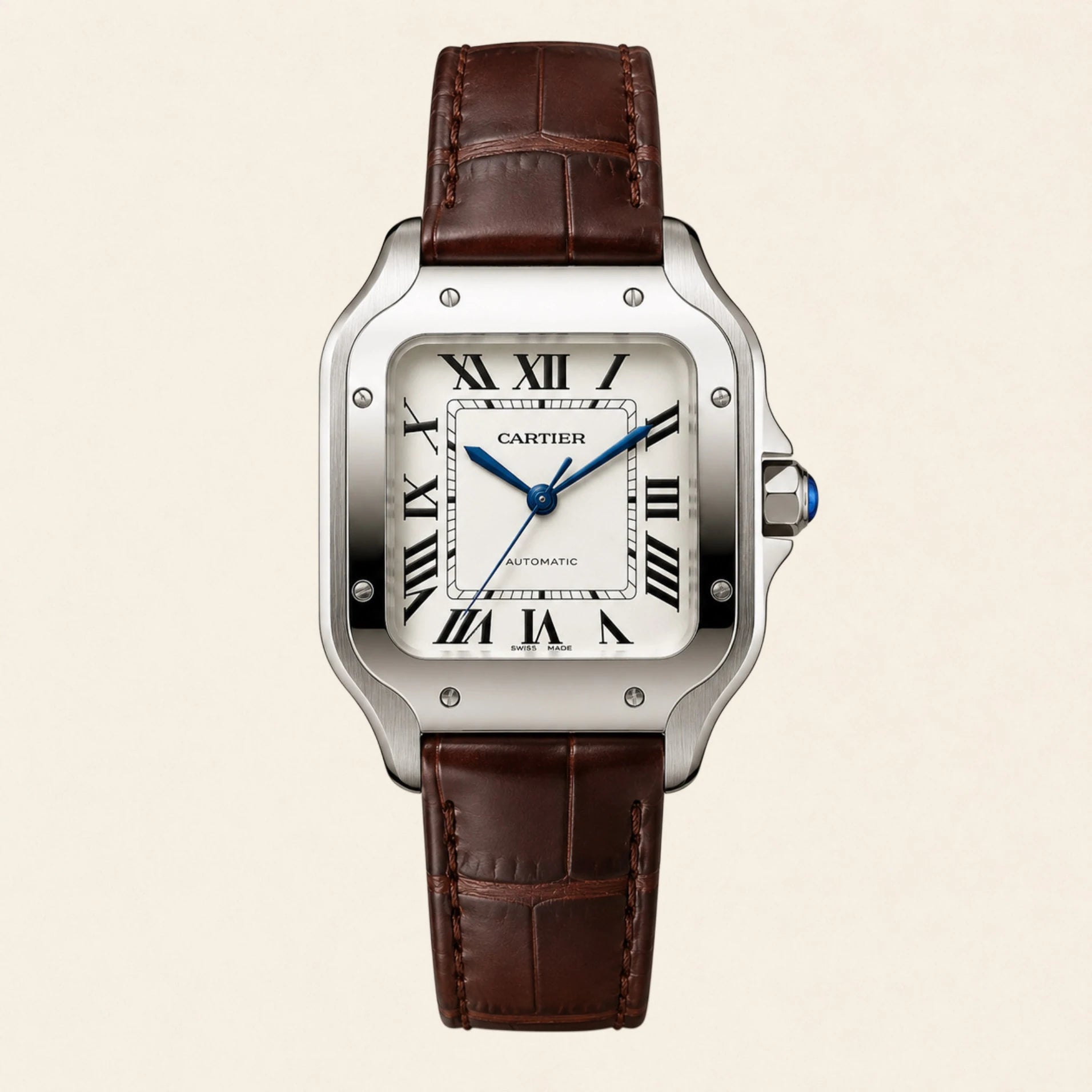 Cartier Santos fitted with a brown leather strap by Maison Brassel