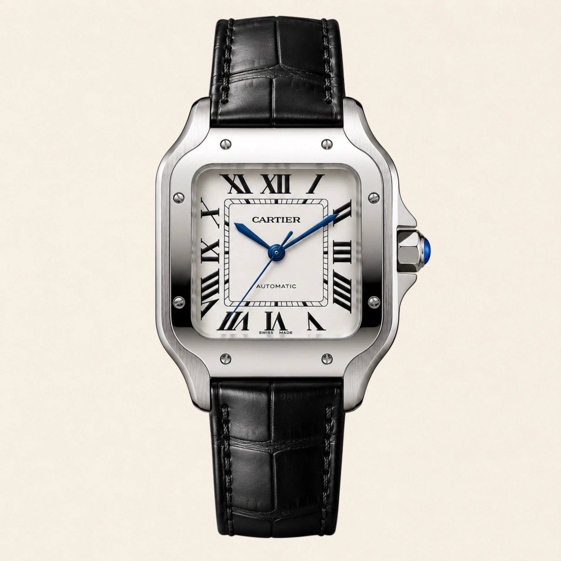 Cartier Santos fitted with a black leather strap by Maison Brassel