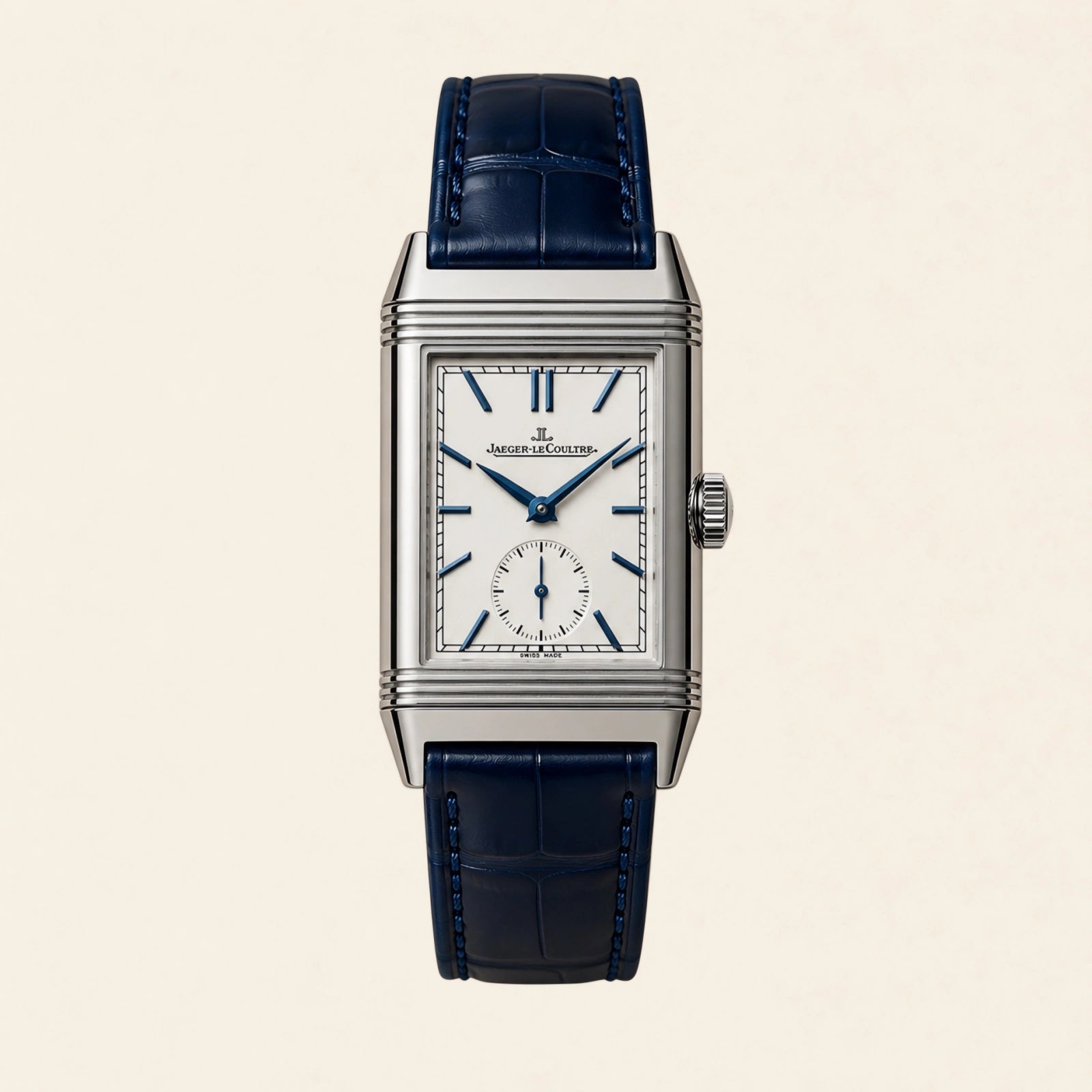 Jaeger-LeCoultre Reverso fitted with a navy blue leather strap by Maison Brassel