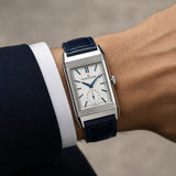 Navy blue leather strap for Jaeger-LeCoultre Reverso worn on the wrist - Maison Brassel