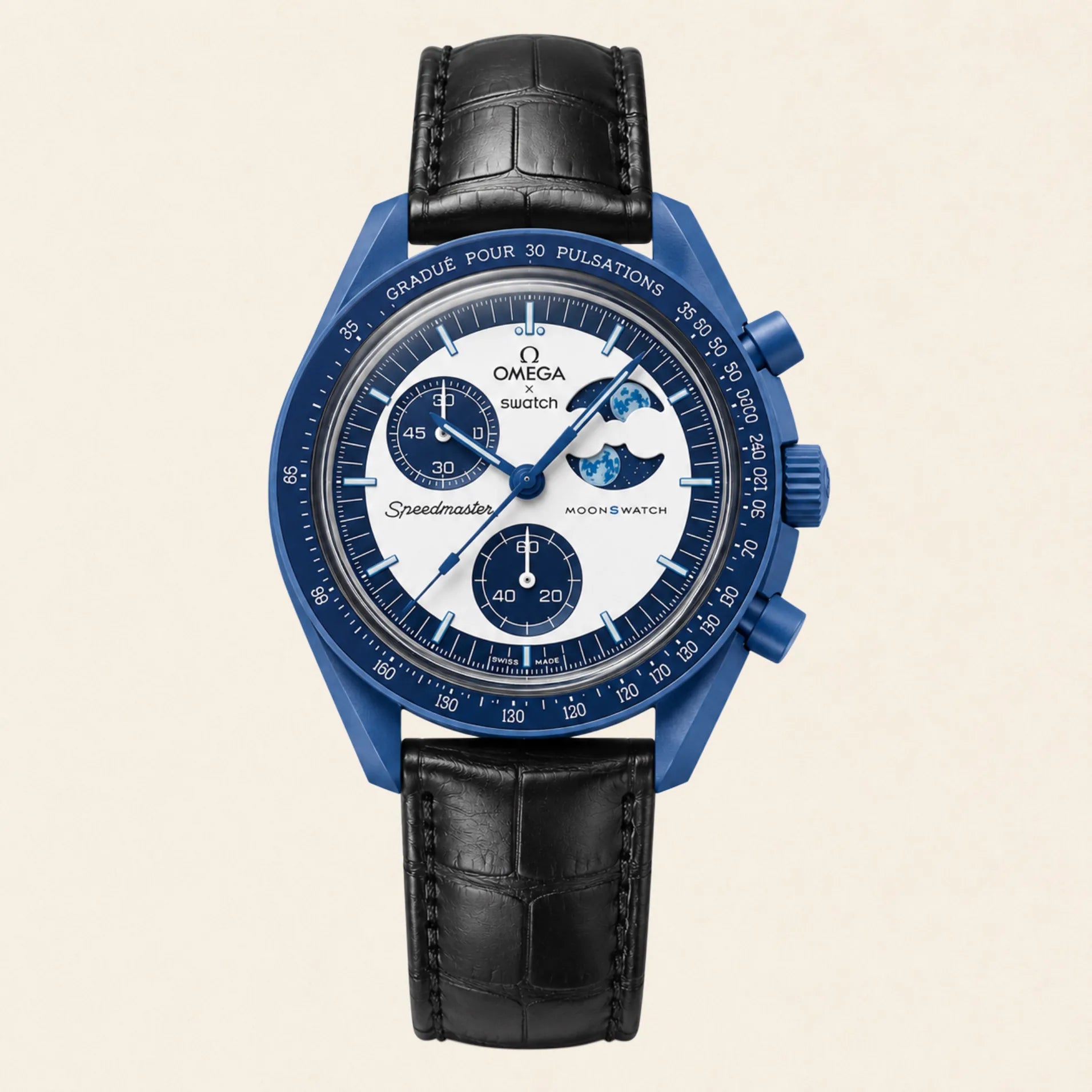 Omega x Swatch MoonSwatch fitted with a black leather strap by Maison Brassel