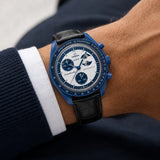 Black leather strap for Omega x Swatch MoonSwatch worn on the wrist - Maison Brassel