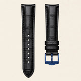 Black alligator-grain leather strap with quick-release bars and blue buckle, for Omega x Swatch MoonSwatch - Maison Brassel