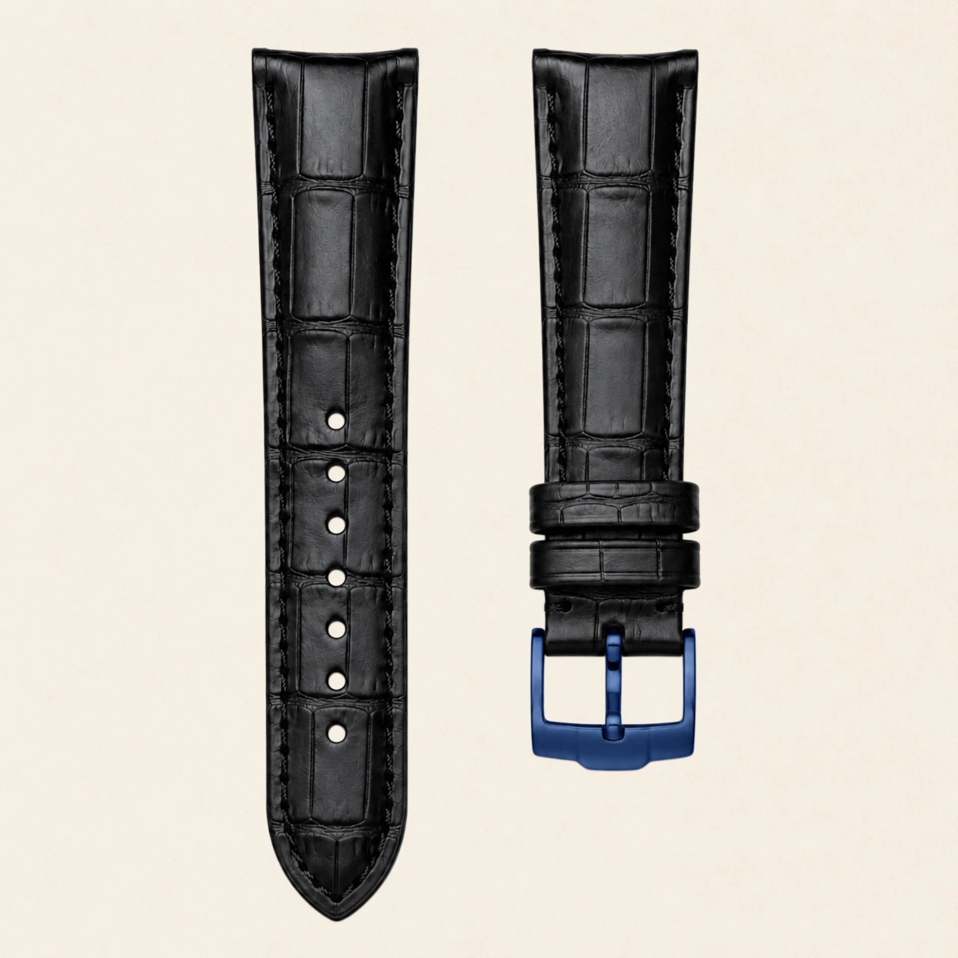 Black alligator-grain leather strap with quick-release bars and blue buckle, for Omega x Swatch MoonSwatch - Maison Brassel