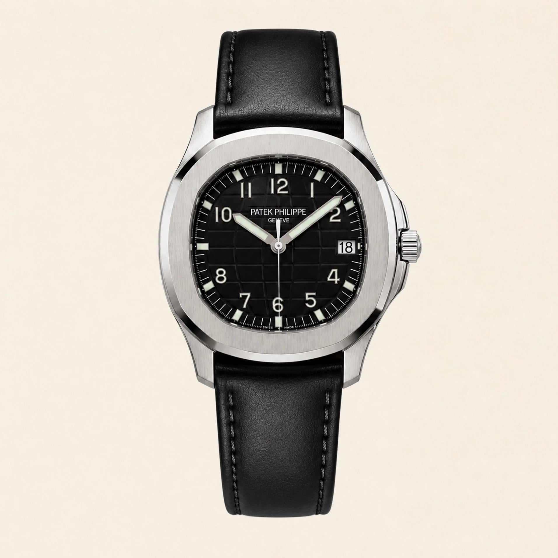Patek Philippe Nautilus fitted with a black leather strap by Maison Brassel