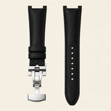Black leather strap with integrated end-link and steel deployant clasp, for Patek Philippe Nautilus - Maison Brassel