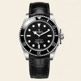 Rolex Submariner fitted with a black leather strap by Maison Brassel