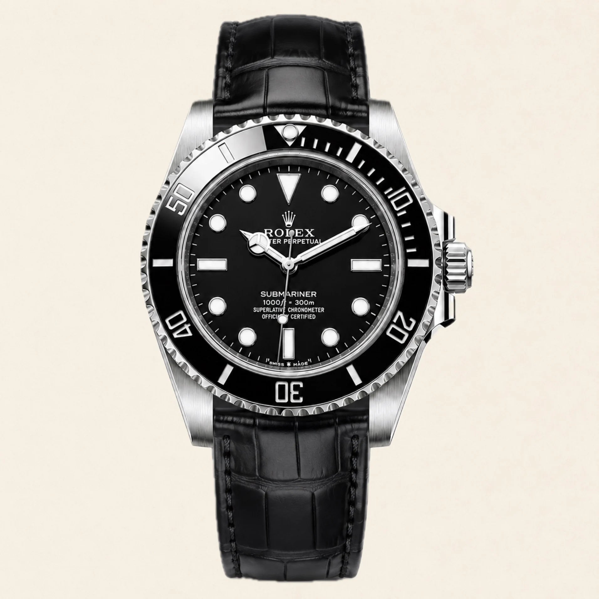 Rolex Submariner fitted with a black leather strap by Maison Brassel