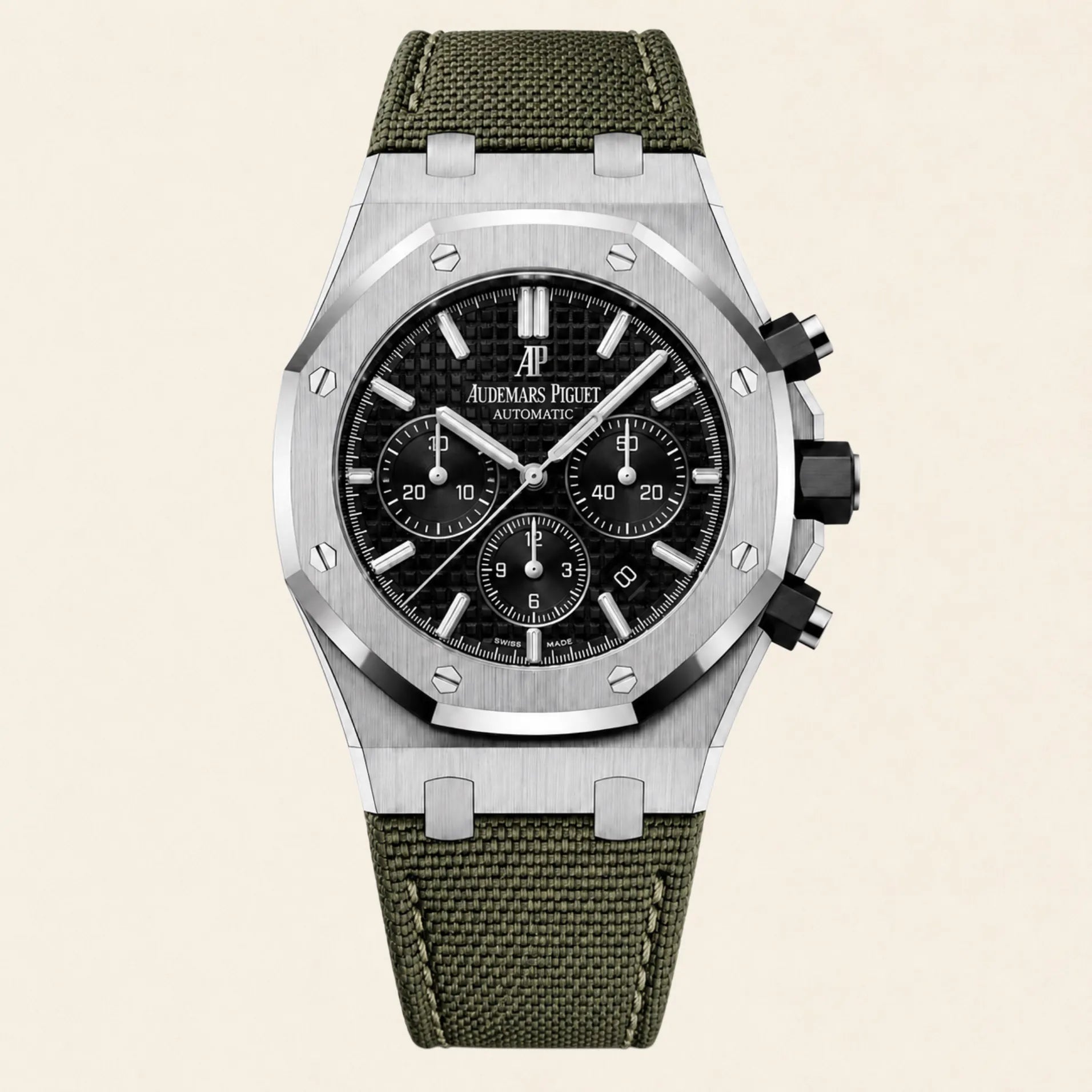 Audemars Piguet Royal Oak fitted with a khaki green nylon sailcloth strap by Maison Brassel