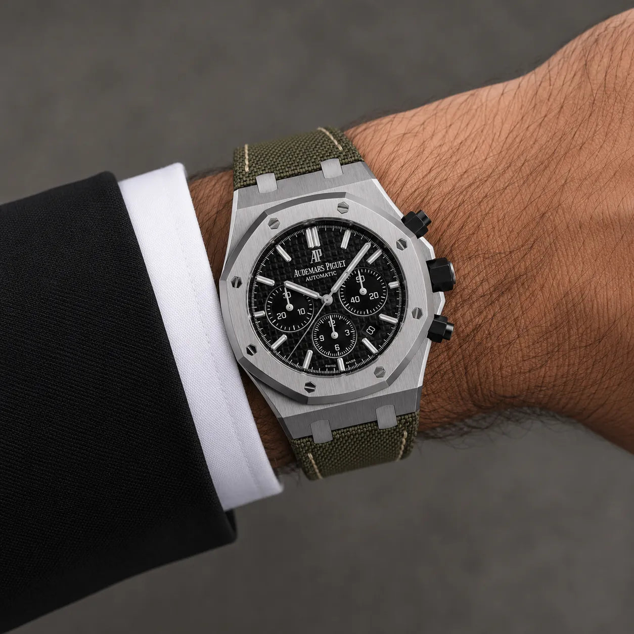Khaki green nylon strap for Audemars Piguet Royal Oak worn on the wrist - Maison Brassel