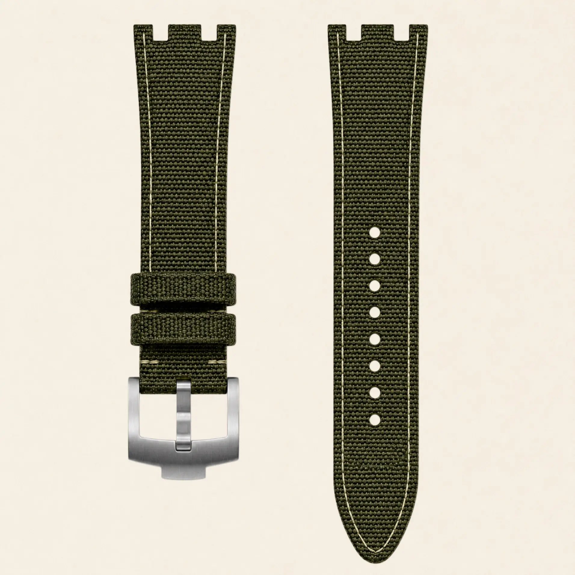 Khaki green nylon sailcloth strap with integrated end-link and steel buckle, for Audemars Piguet Royal Oak - Maison Brassel