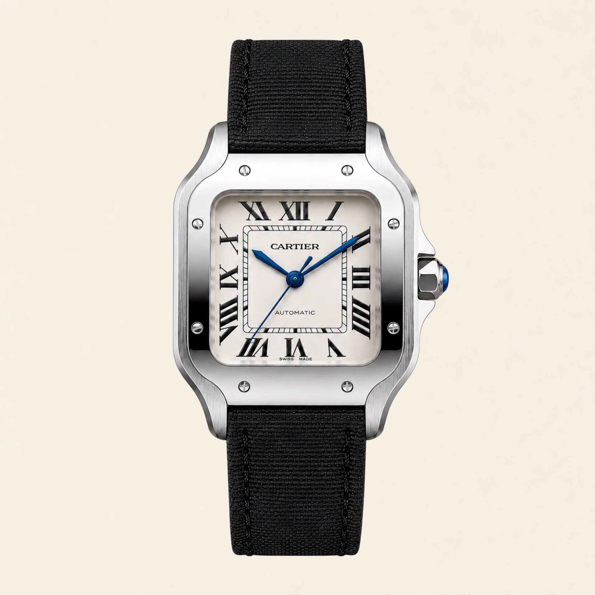 Cartier Santos fitted with a black nylon strap by Maison Brassel