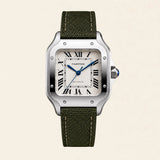 Cartier Santos fitted with a khaki green nylon strap by Maison Brassel