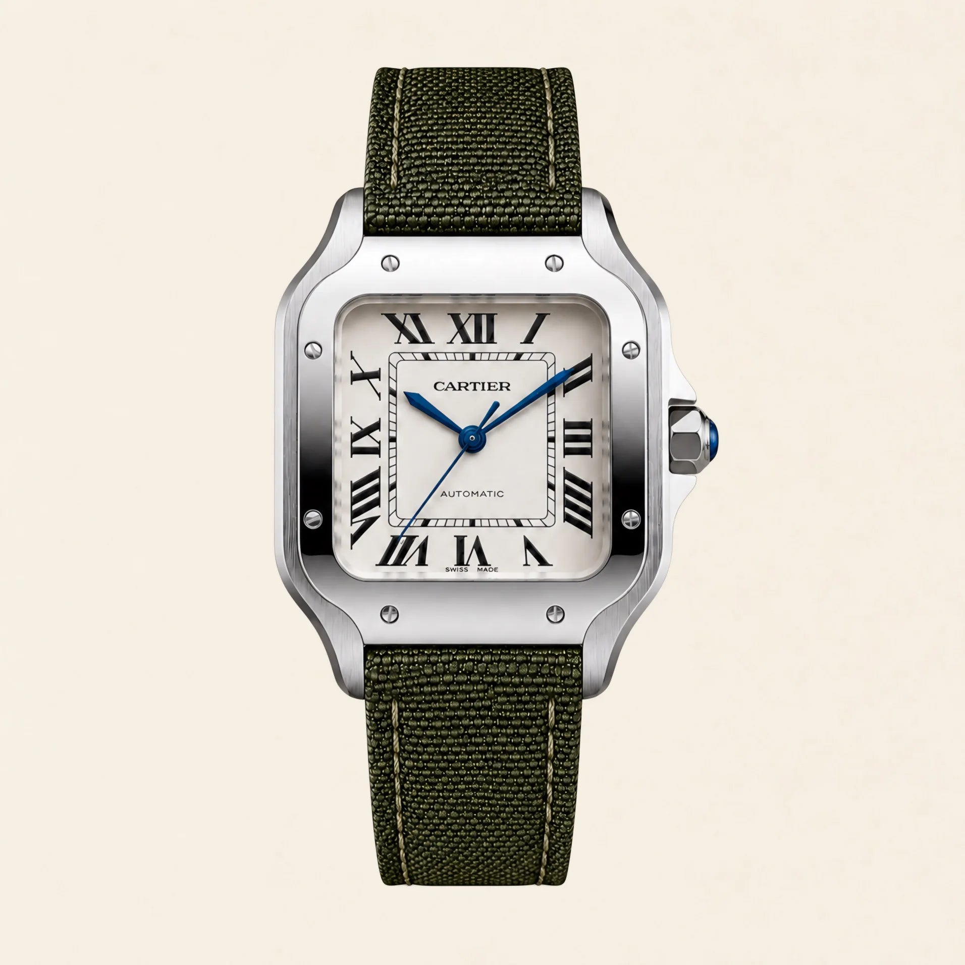 Cartier Santos fitted with a khaki green nylon strap by Maison Brassel