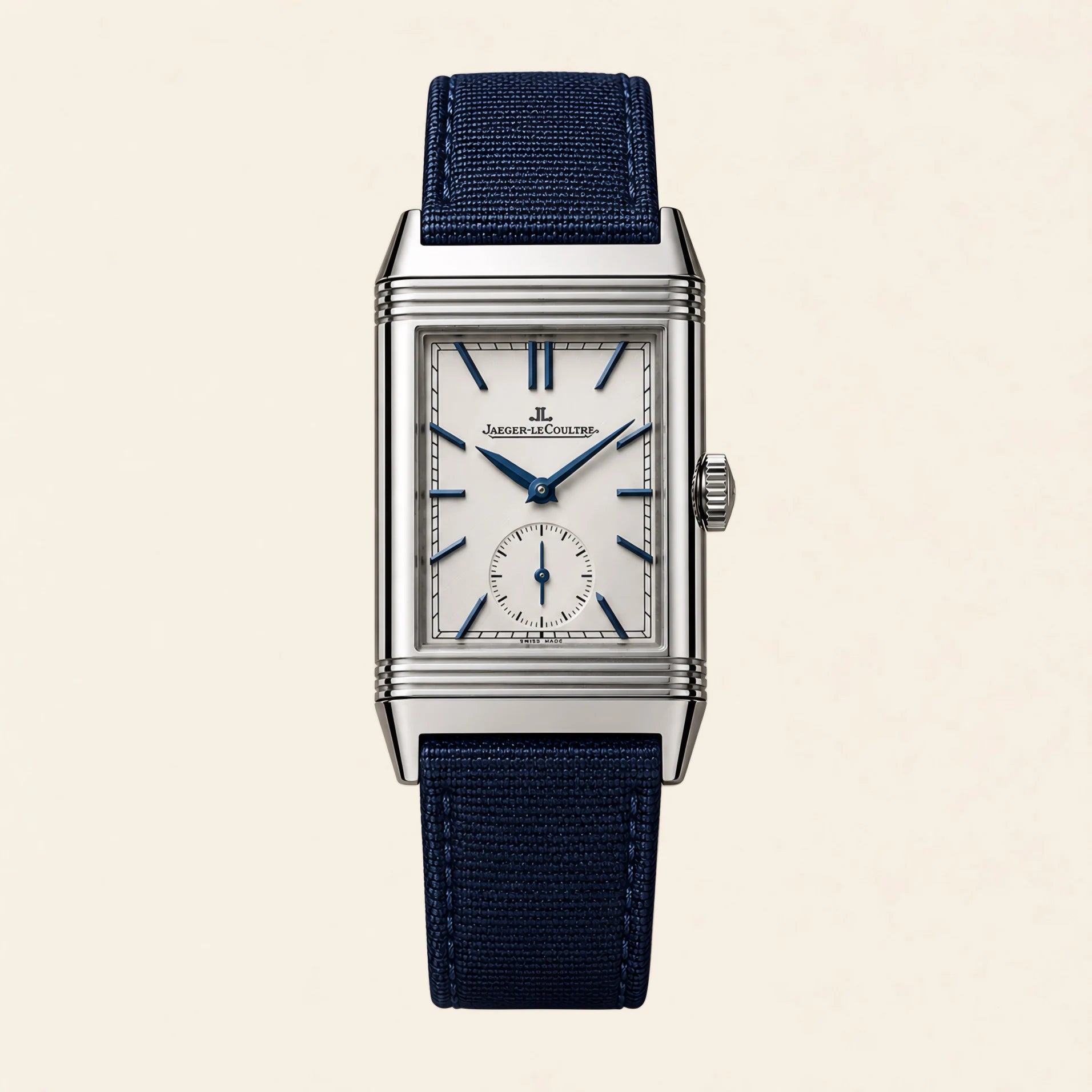 Jaeger-LeCoultre Reverso fitted with a navy blue nylon strap by Maison Brassel