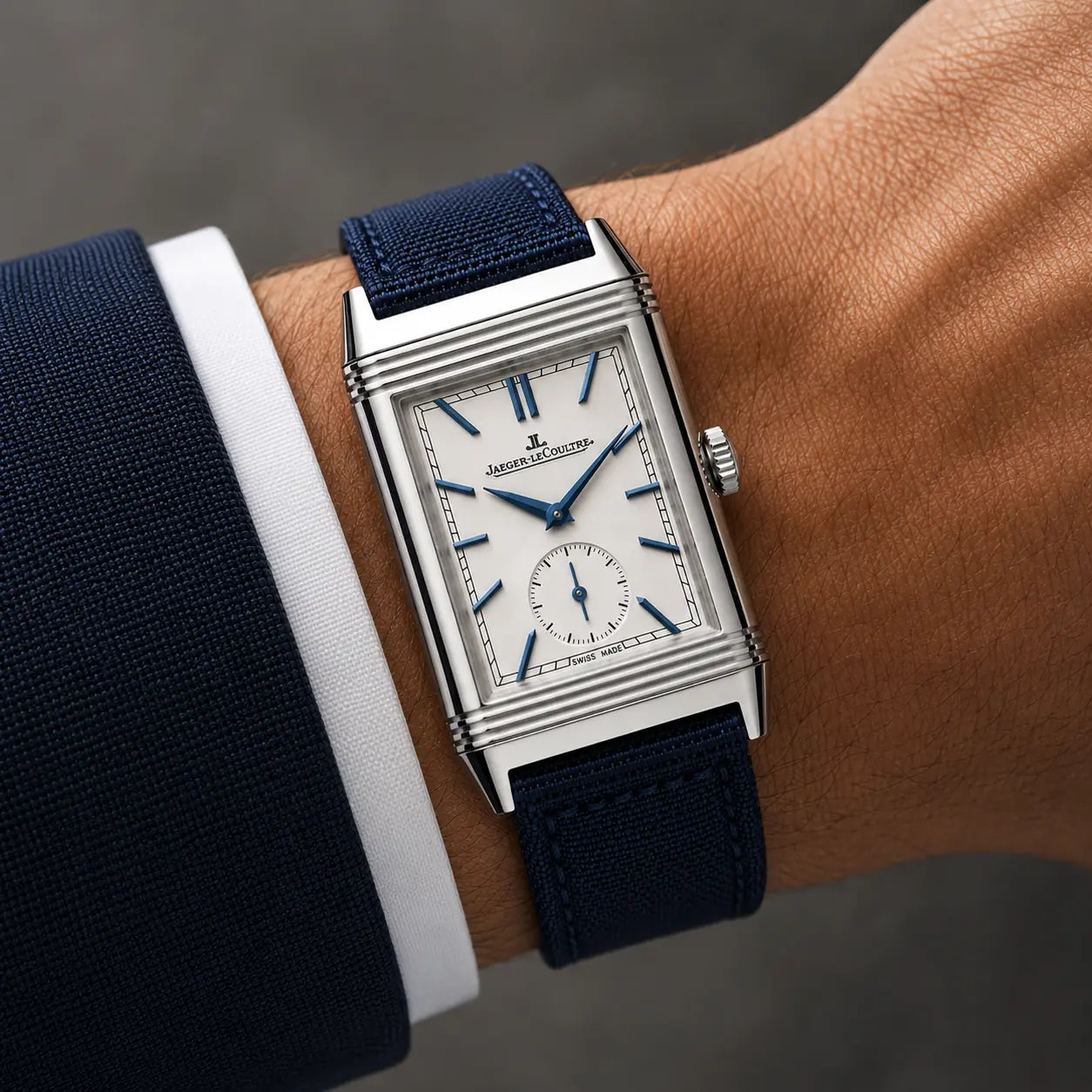 Navy blue nylon strap for Jaeger-LeCoultre Reverso worn on the wrist - Maison Brassel