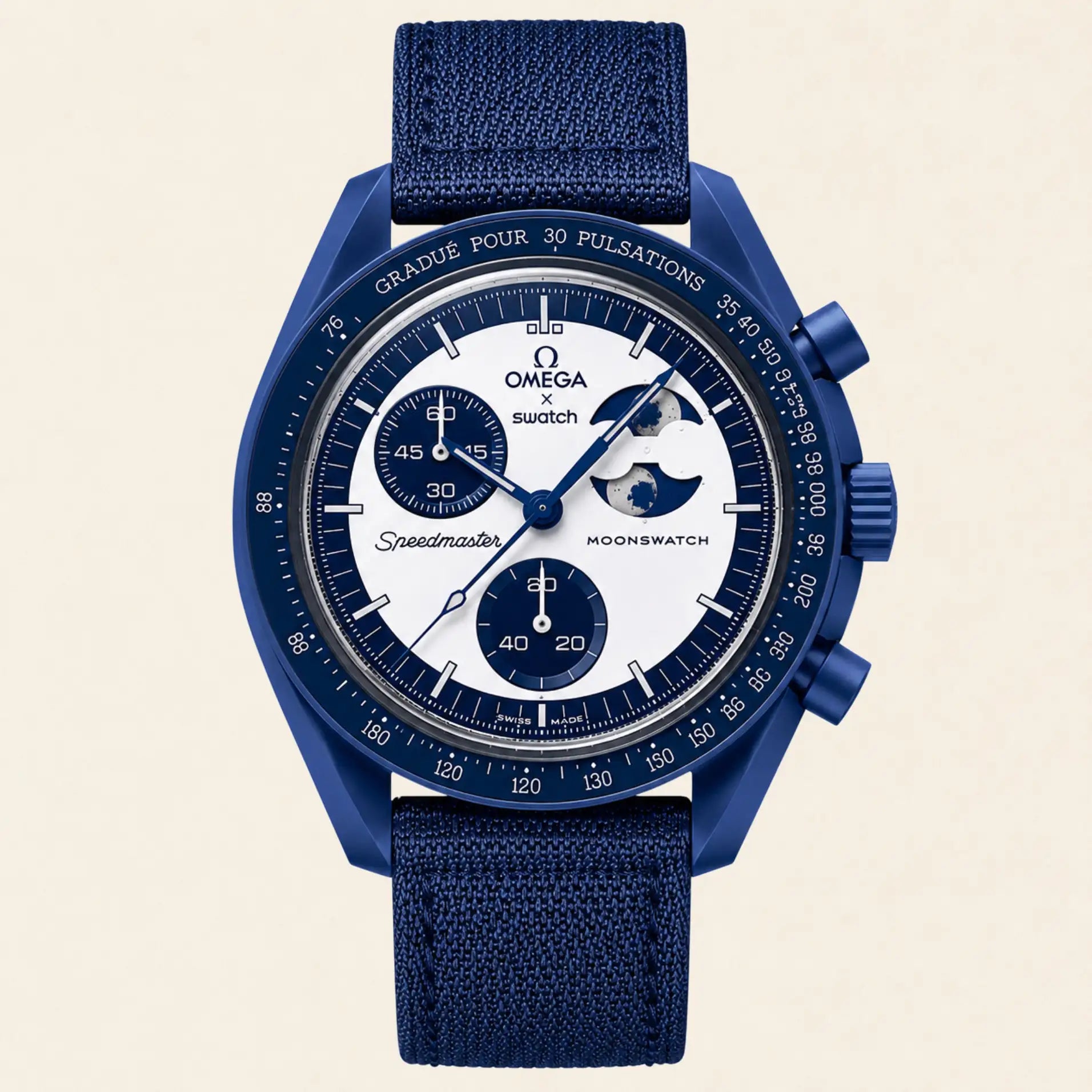Omega x Swatch MoonSwatch fitted with a navy blue nylon strap by Maison Brassel