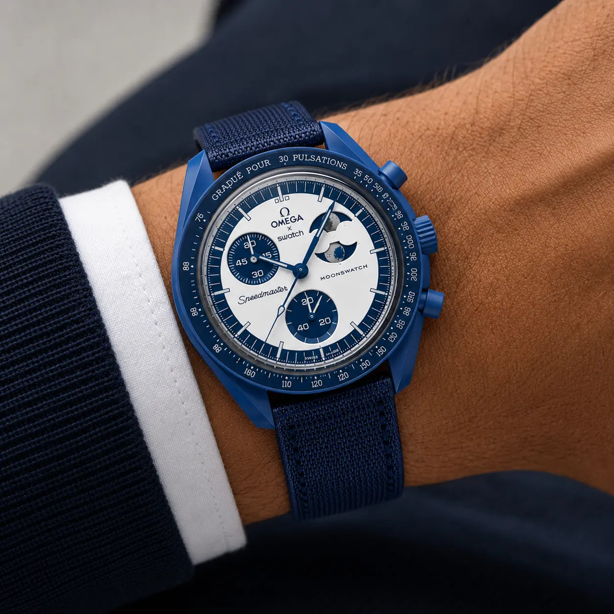 Navy blue nylon strap for Omega x Swatch MoonSwatch worn on the wrist - Maison Brassel