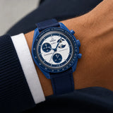 Navy blue nylon strap for Omega x Swatch MoonSwatch worn on the wrist - Maison Brassel