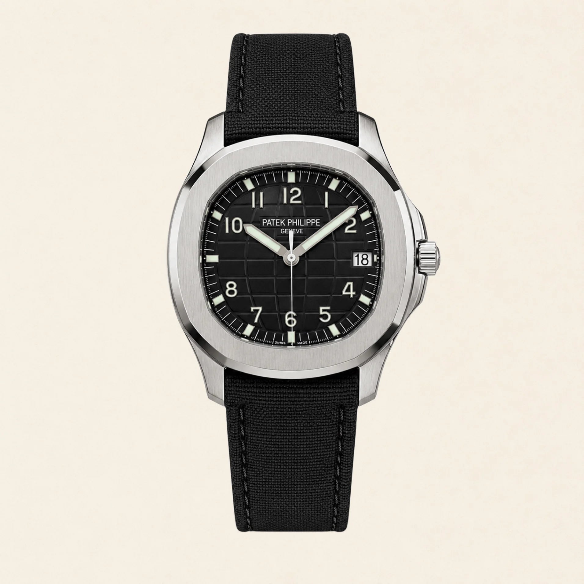 Patek Philippe Nautilus fitted with a black nylon canvas strap by Maison Brassel
