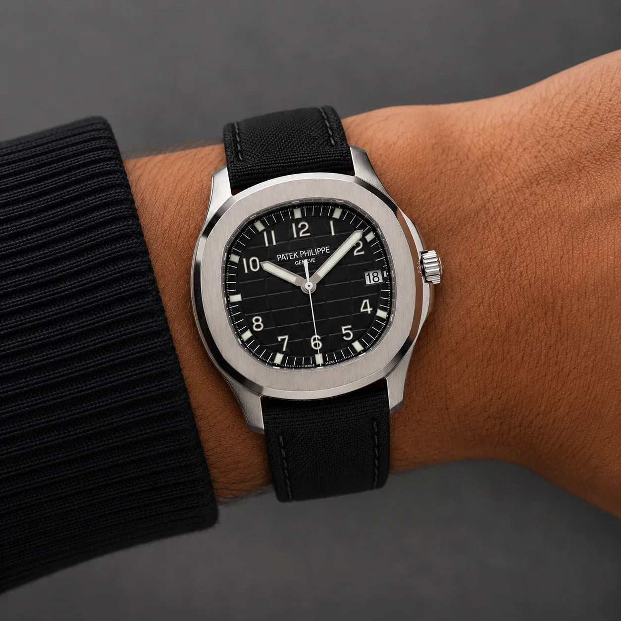 Black nylon canvas strap for Patek Philippe Nautilus worn on the wrist - Maison Brassel