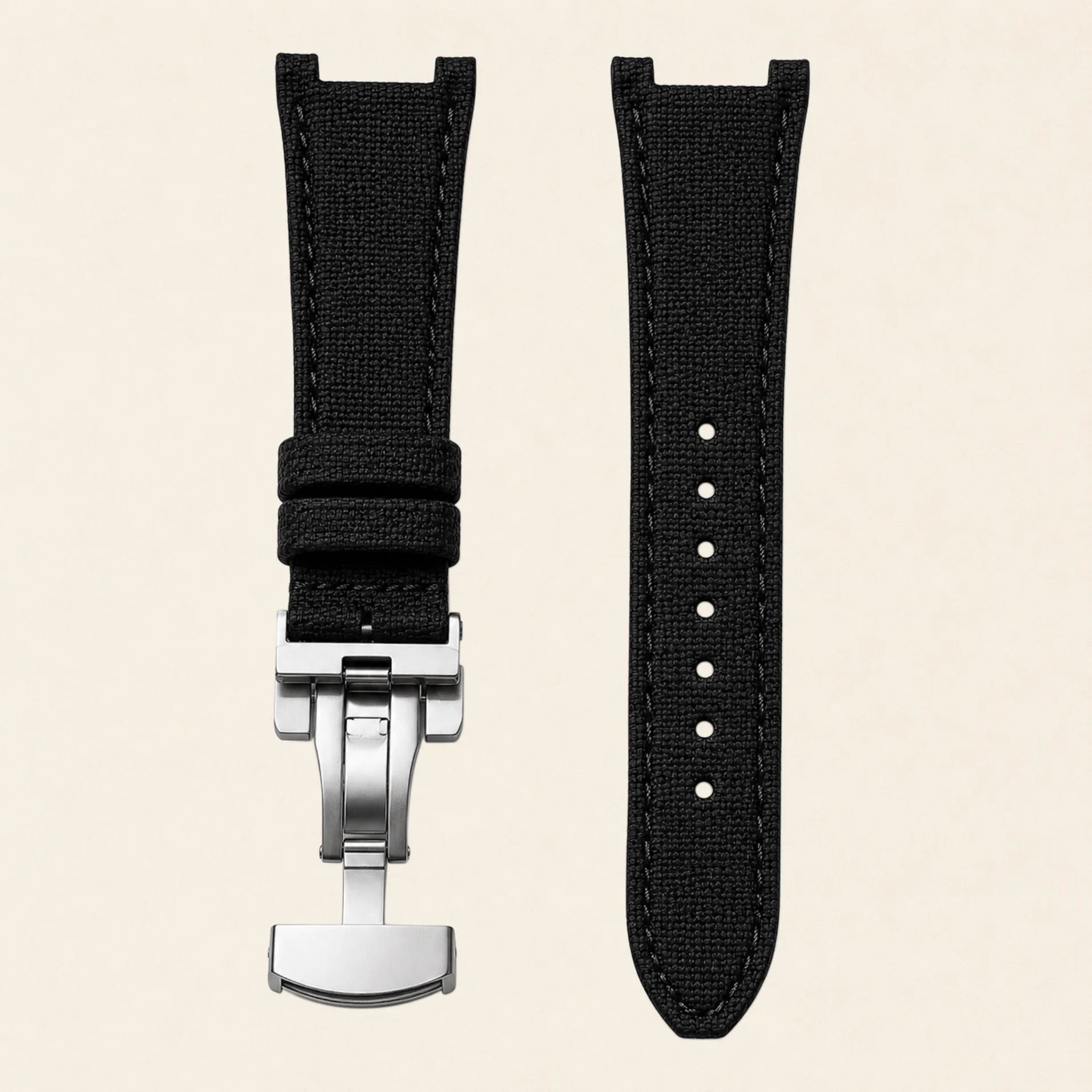 Black nylon canvas strap with integrated end-link and steel deployant clasp, for Patek Philippe Nautilus - Maison Brassel