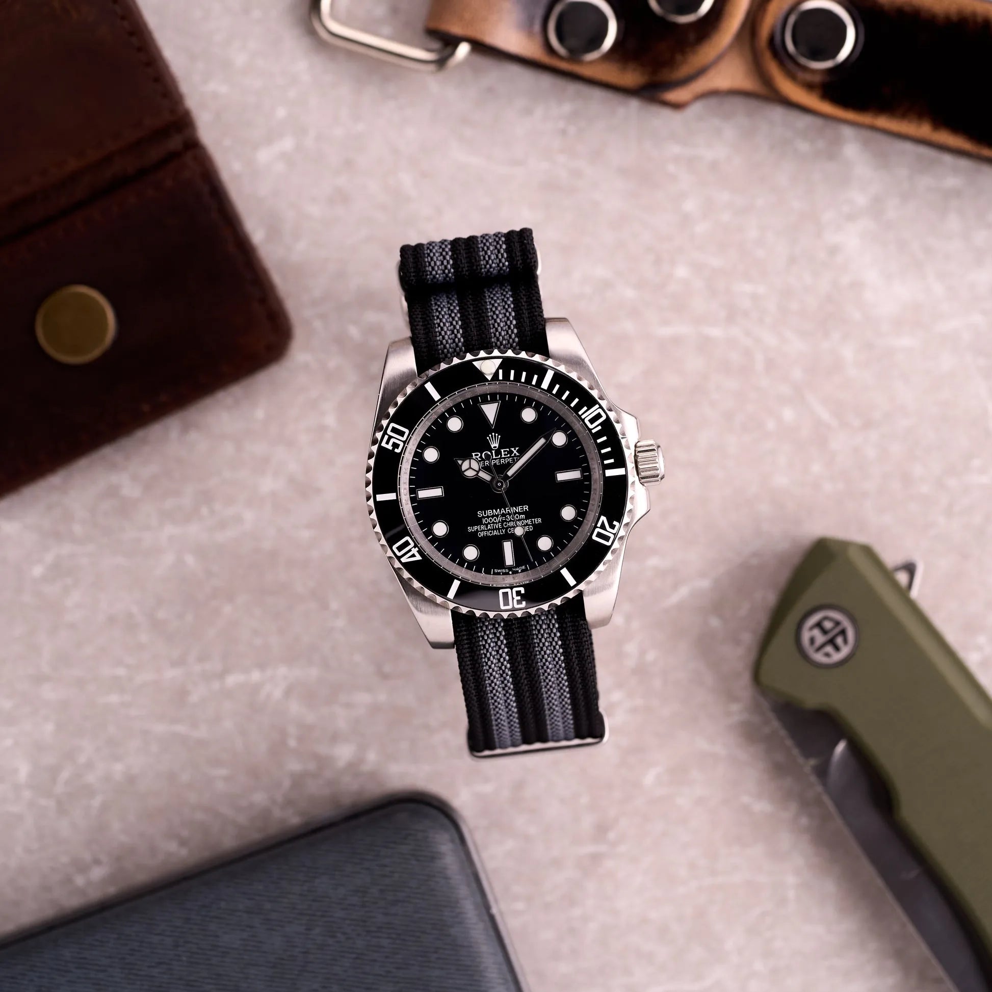 Rolex Submariner on a black and grey nylon NATO strap by Maison Brassel