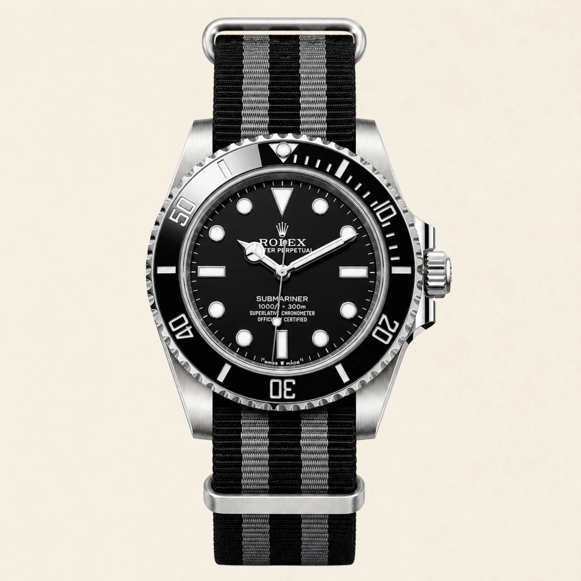 Rolex Submariner fitted with a black and grey nylon NATO strap - Maison Brassel