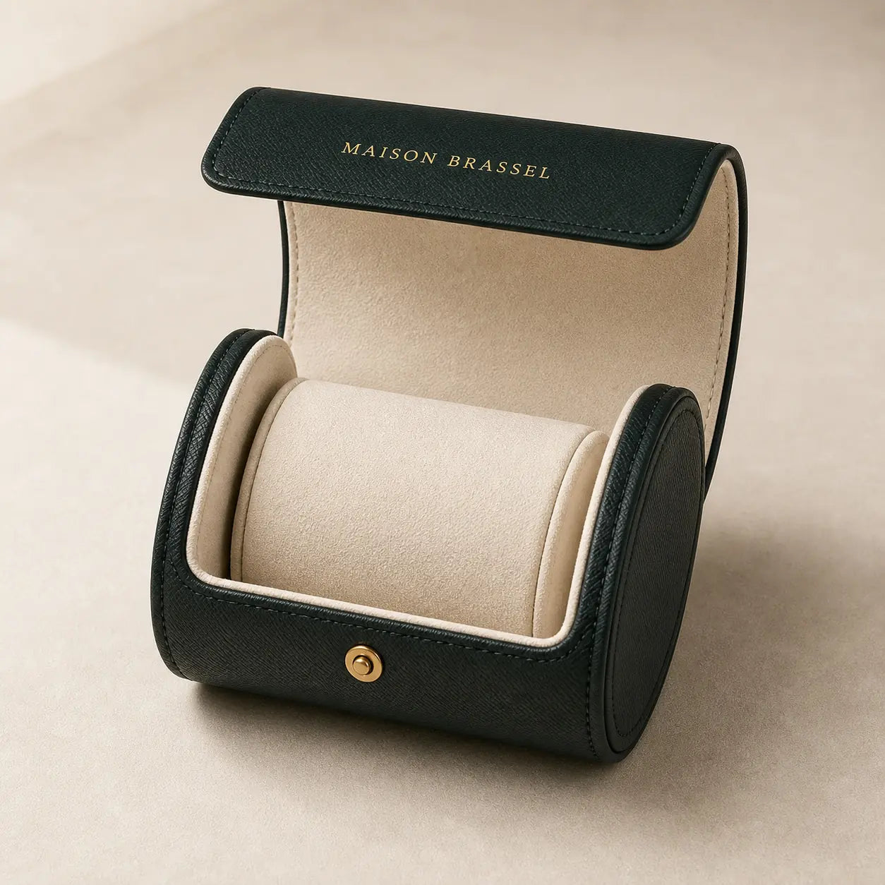 Maison Brassel single watch roll for 1 watch open, view of ivory suede interior with removable cushion