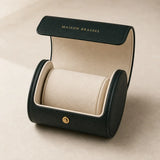 Maison Brassel single watch roll for 1 watch open, view of ivory suede interior with removable cushion